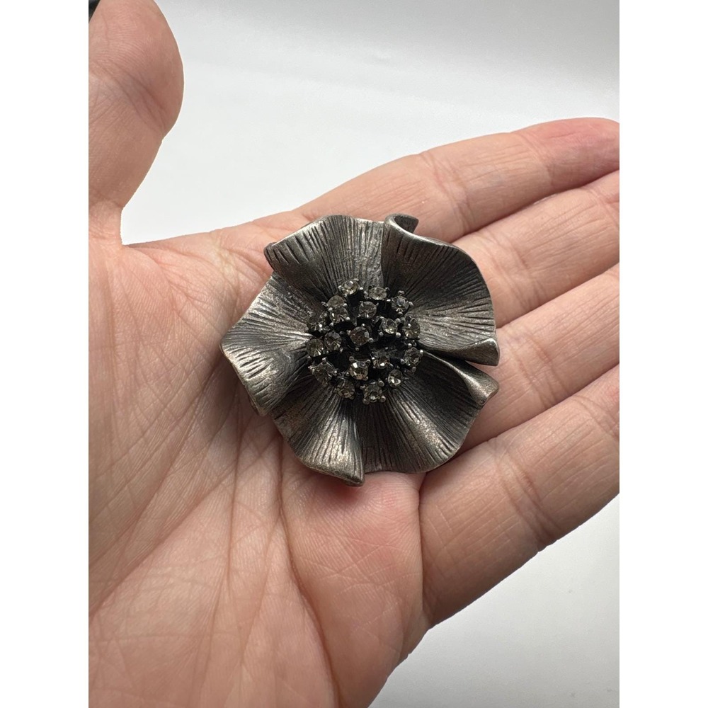 Vintage Pewter Flower Blossom Convertible Brooch Pendant Rhinestone 3D Silver
